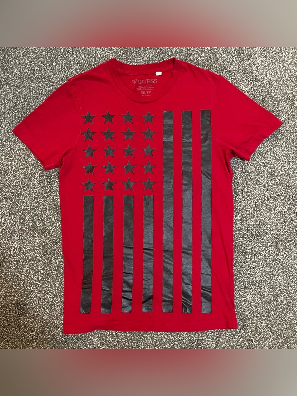 Guess Men's Red T-Shirt with Black Stars & Stripes Flag Graphic